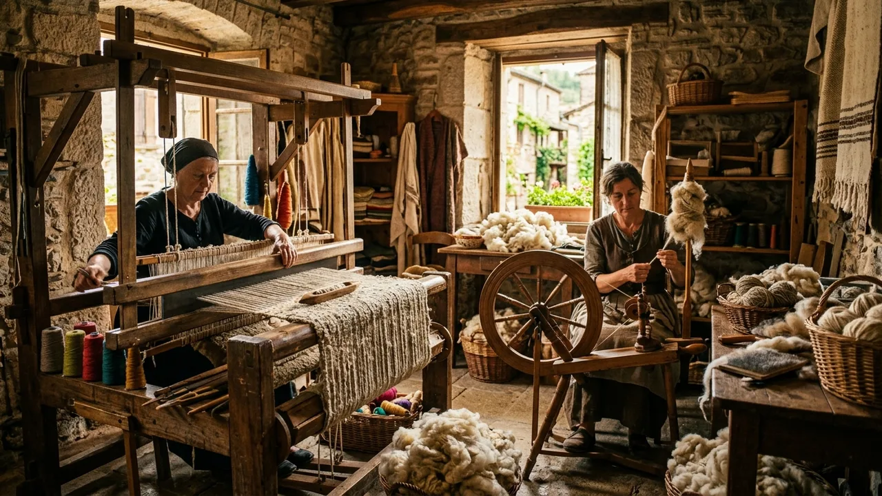 Atelier traditionnel d'artisanat textile et filage de laine à Olargues